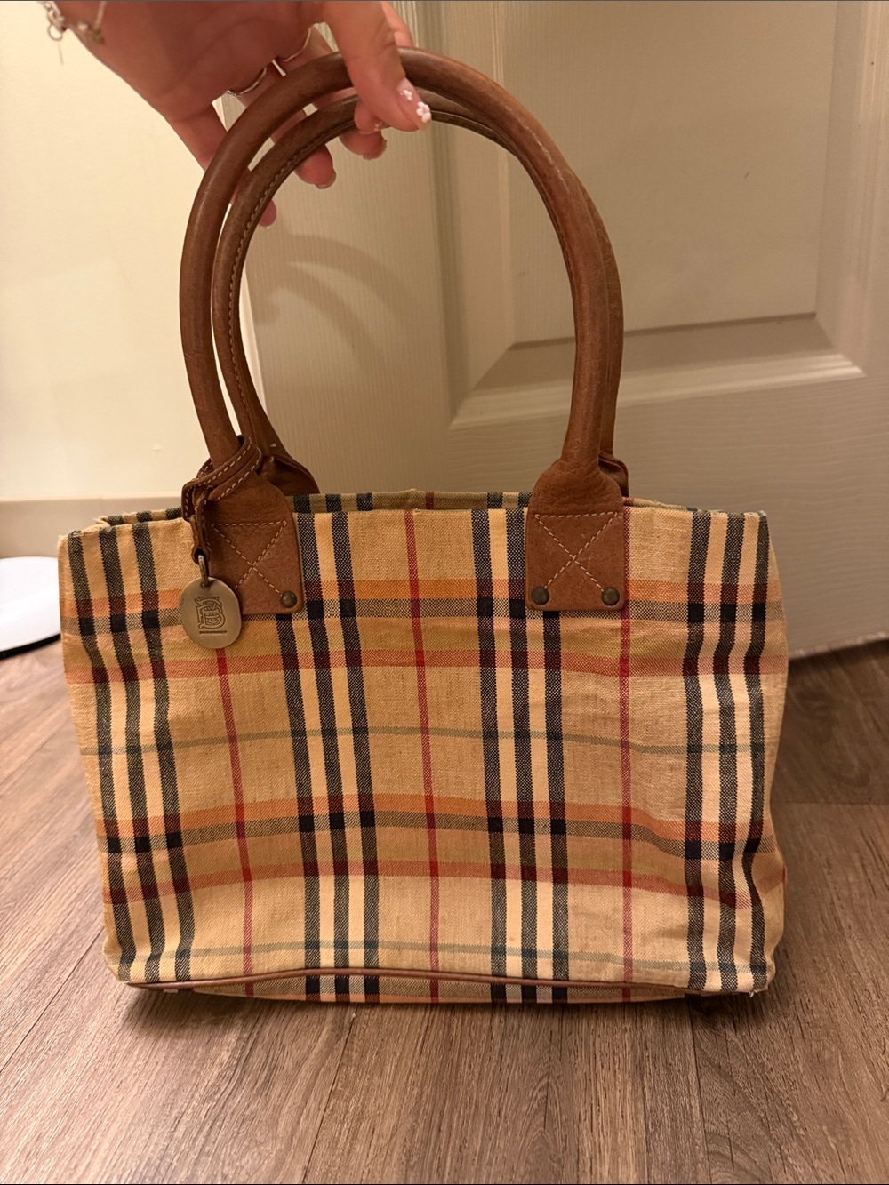 Classic Burberry Tan Plaid Tote Bag with Leather Handles